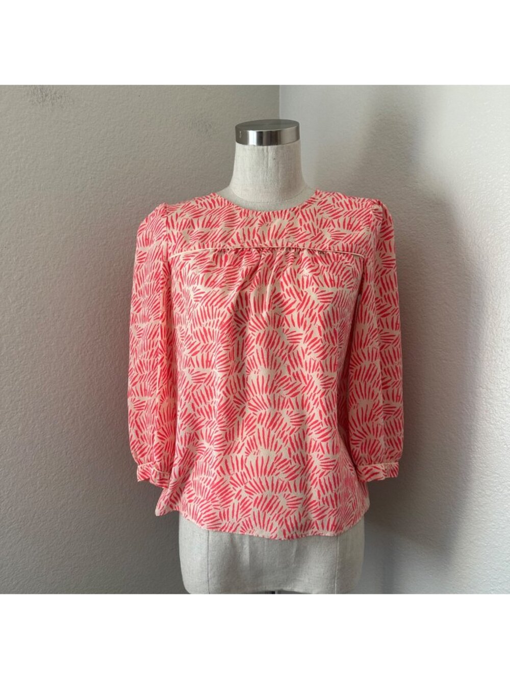 Madewell Coral Pink Pattern Popover Blouse Crew Neck Long Sleeve Preppy XS